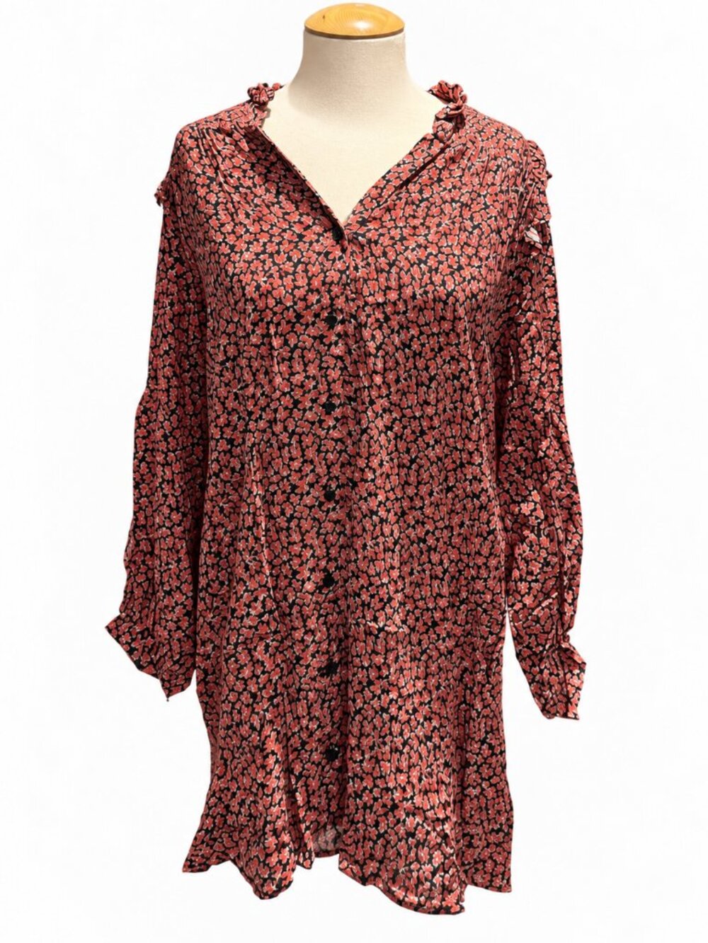 Club Monaco Red Floral Ruffle Long-Sleeve Dress - XS/S